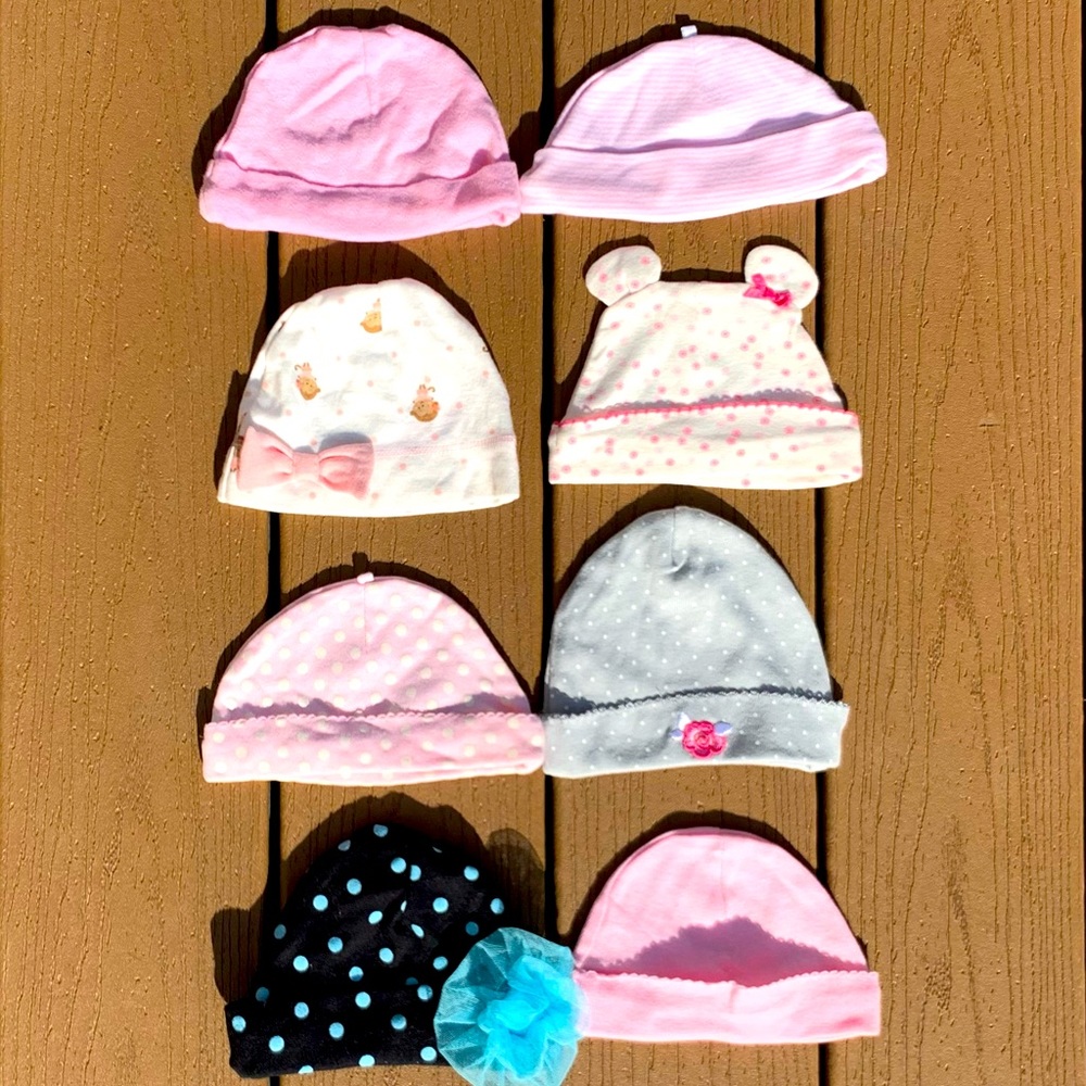 SET OF 8 INFANT TODDLER HATS GERBERS CARTERS & BABY ESSENTIALS SIZES NB-6 MONTHS